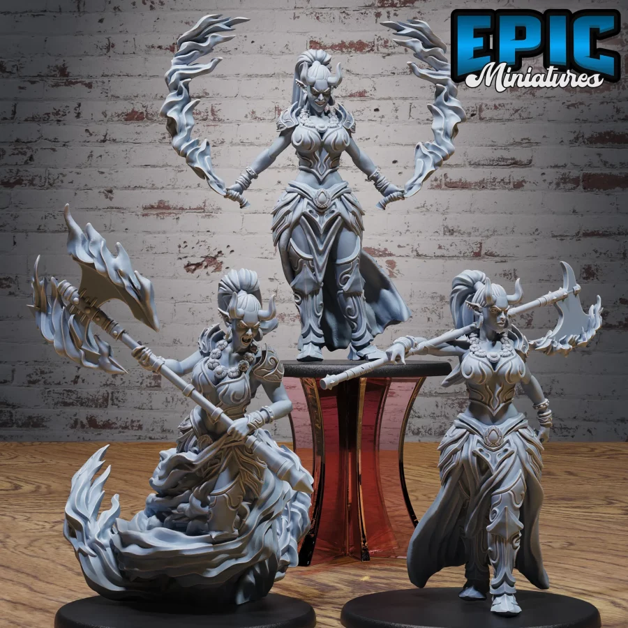 Efreeti Female Flame Axe / Efreeti Female Fire Swords / Efreeti Female Attacking - 2 Variations Set